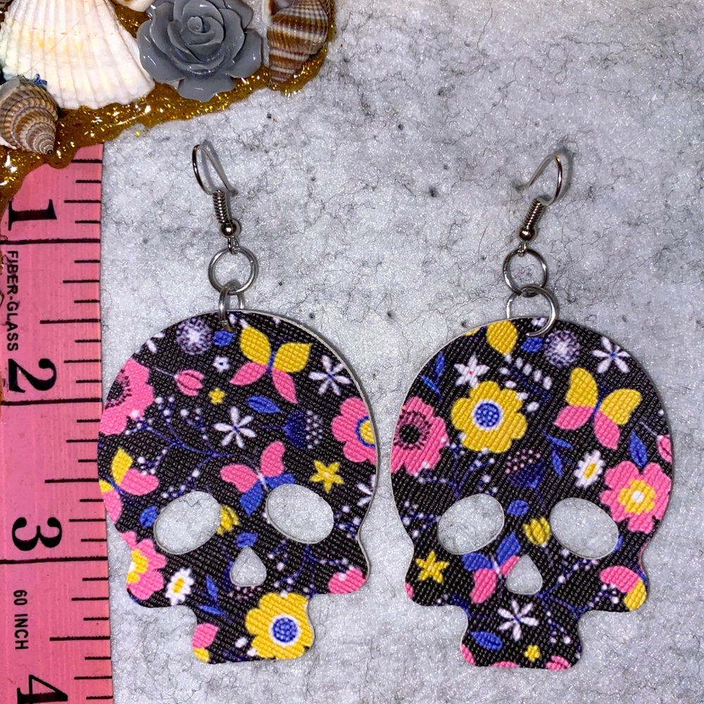 Handmade Leather Butterfly Print Skull Earrings